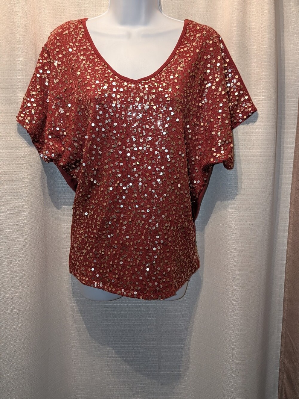 Studio Y Rust-Red Sequin Short Sleeve Top